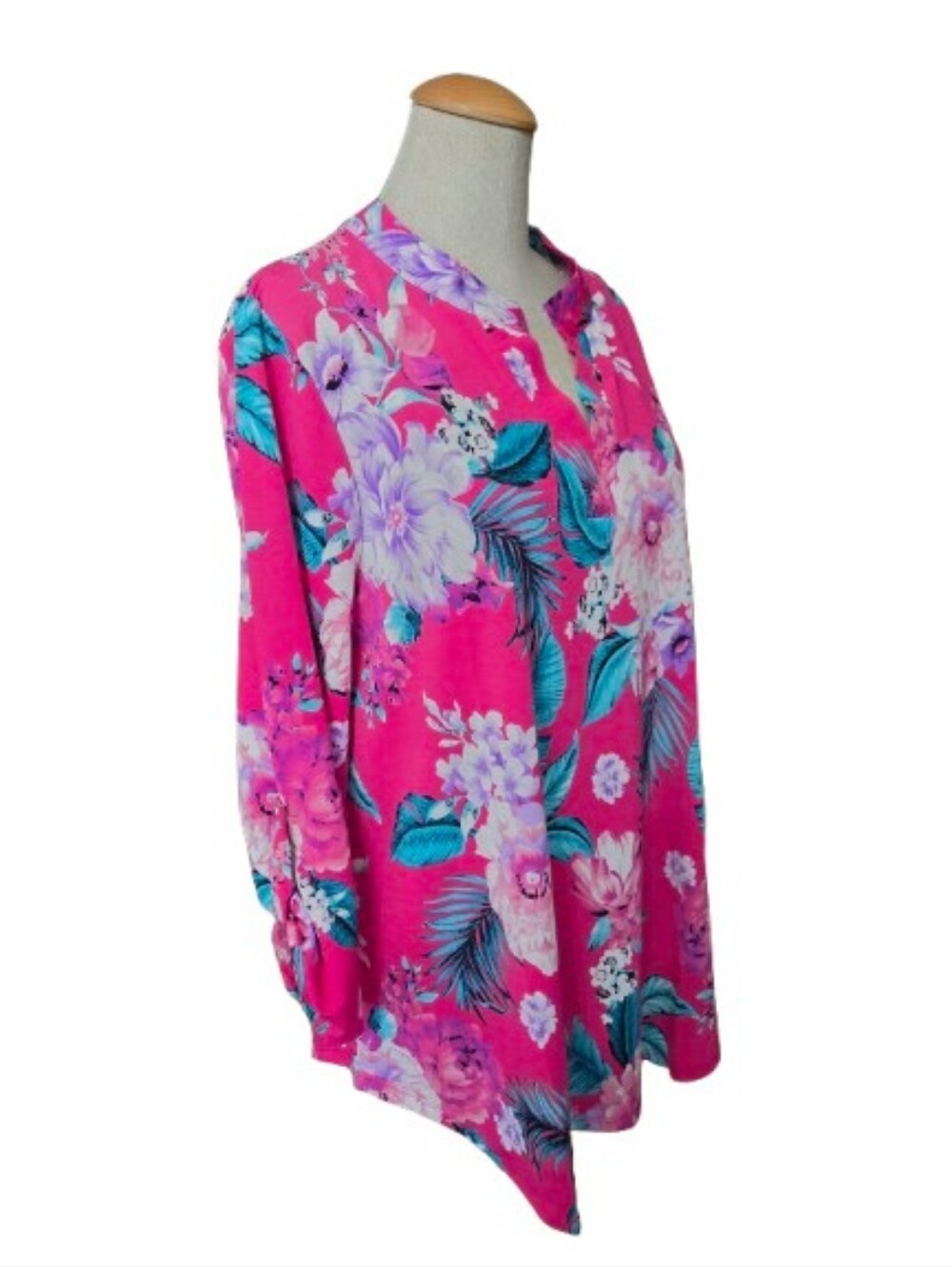 Floral Print Lightweight 3/4 Length Sleeve Blouse Pink With Teal - Picture 2 of 4